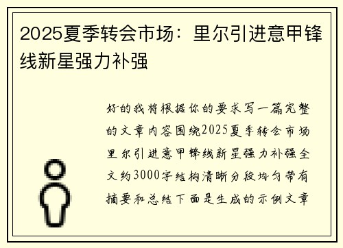 2025夏季转会市场:里尔引进意甲锋线新星强力补强 2025夏季转会市场:里尔引进意甲锋线新星强力补强