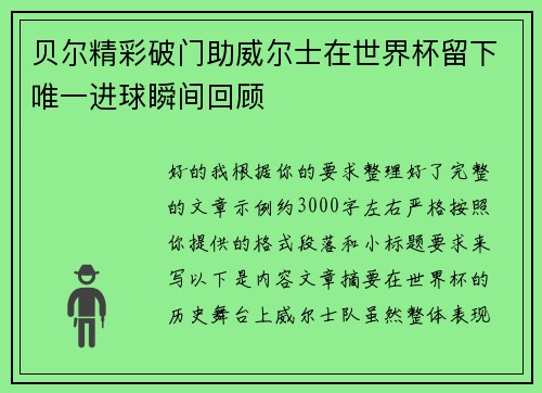 贝尔精彩破门助威尔士在世界杯留下唯一进球瞬间回顾 贝尔精彩破门助威尔士在世界杯留下唯一进球瞬间回顾